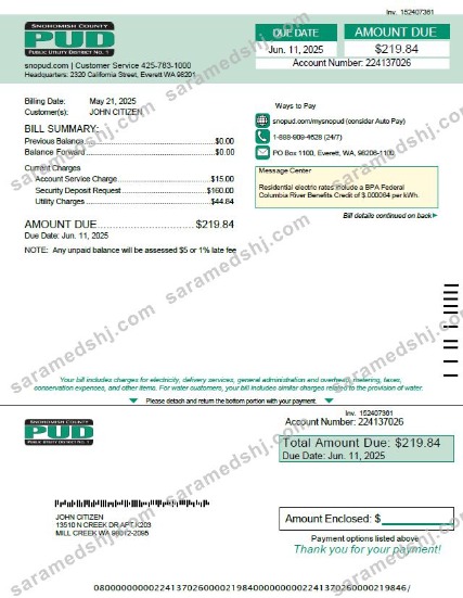 USA Snohomish County PUD utility bill template in Word and PDF formats